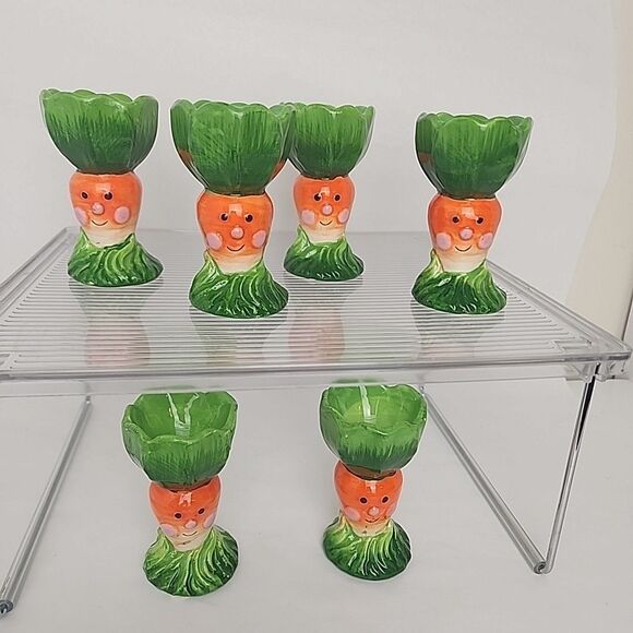 SIX Orange Green Carrot Ceramic Egg Holders Cottontale Filigree Easter  1990's - Picture 1 of 8